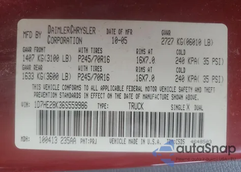 2006 Dodge Dakota Quad from USA, damaged, VIN 1D7HE28K36S559986